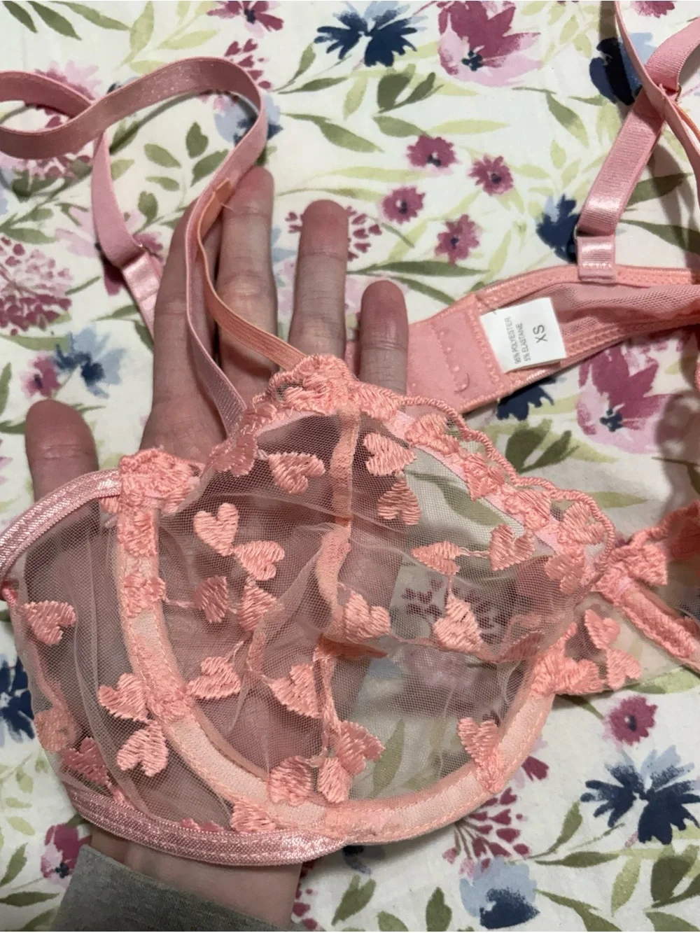Floral hearts pink embroidered sheer lingerie set